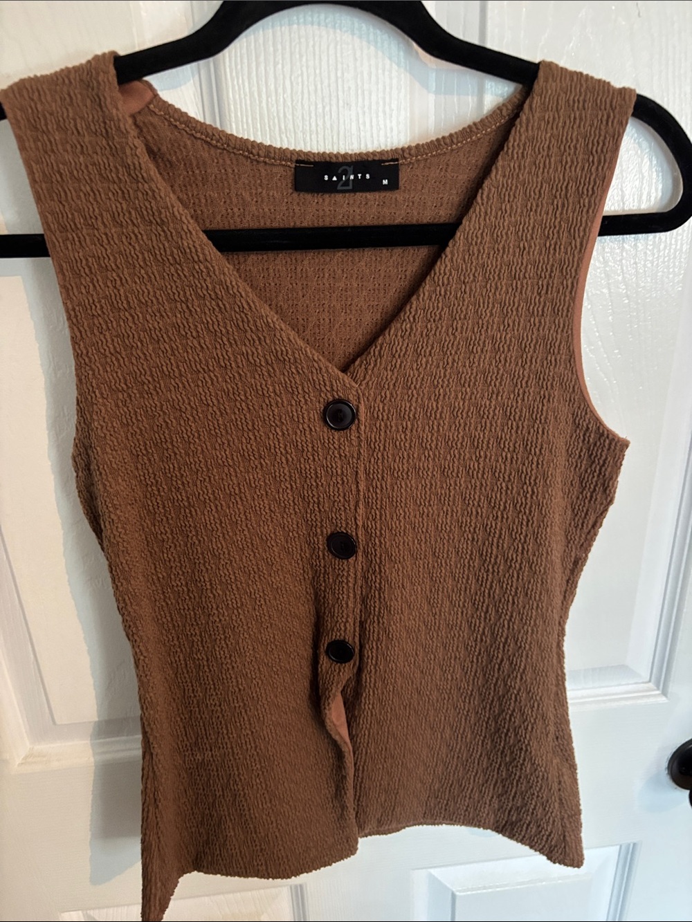 Brown Textured V-Neck Button Tank